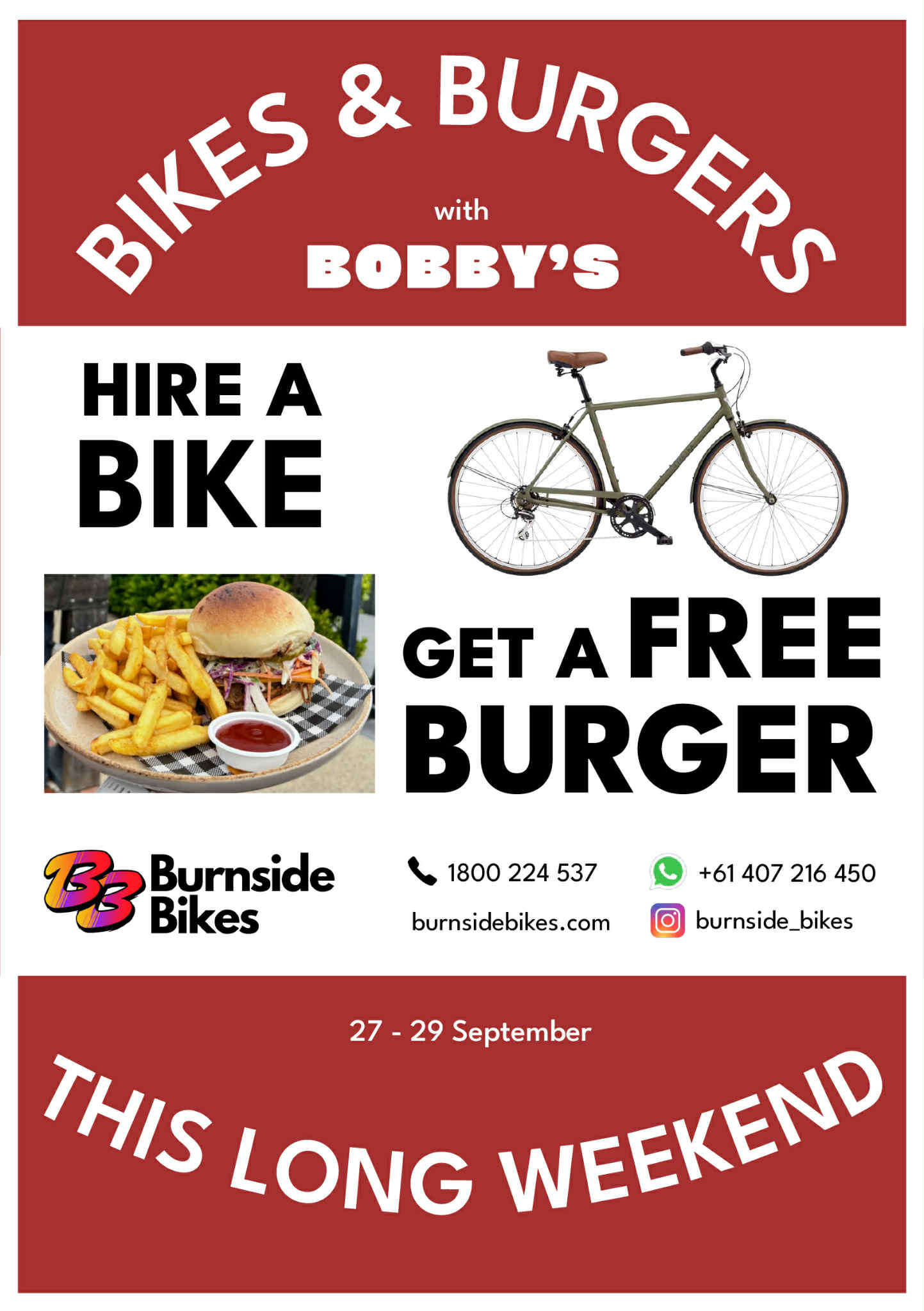 Bikes & Burgers promotion - hire a bike, get a free burger at Bobby's Busselton