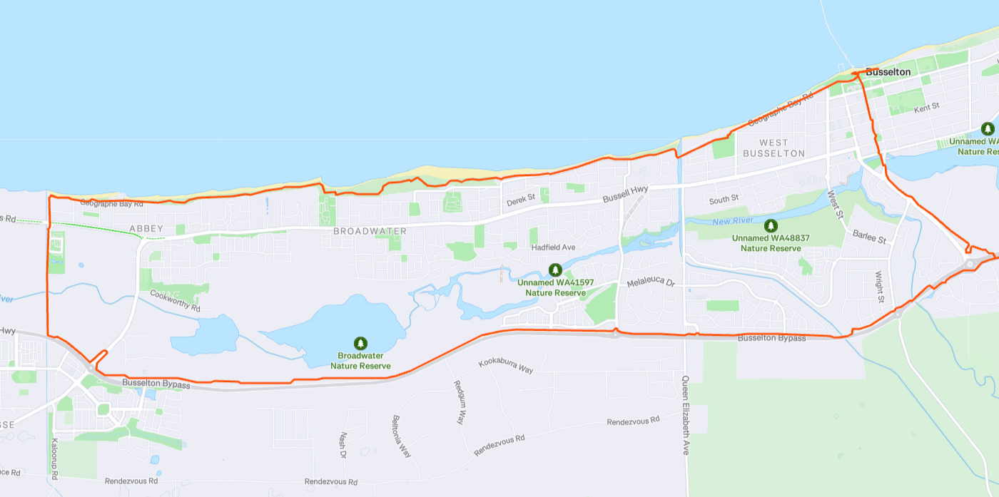 Strava route map showing the complete 30km Busselton Bike Loop