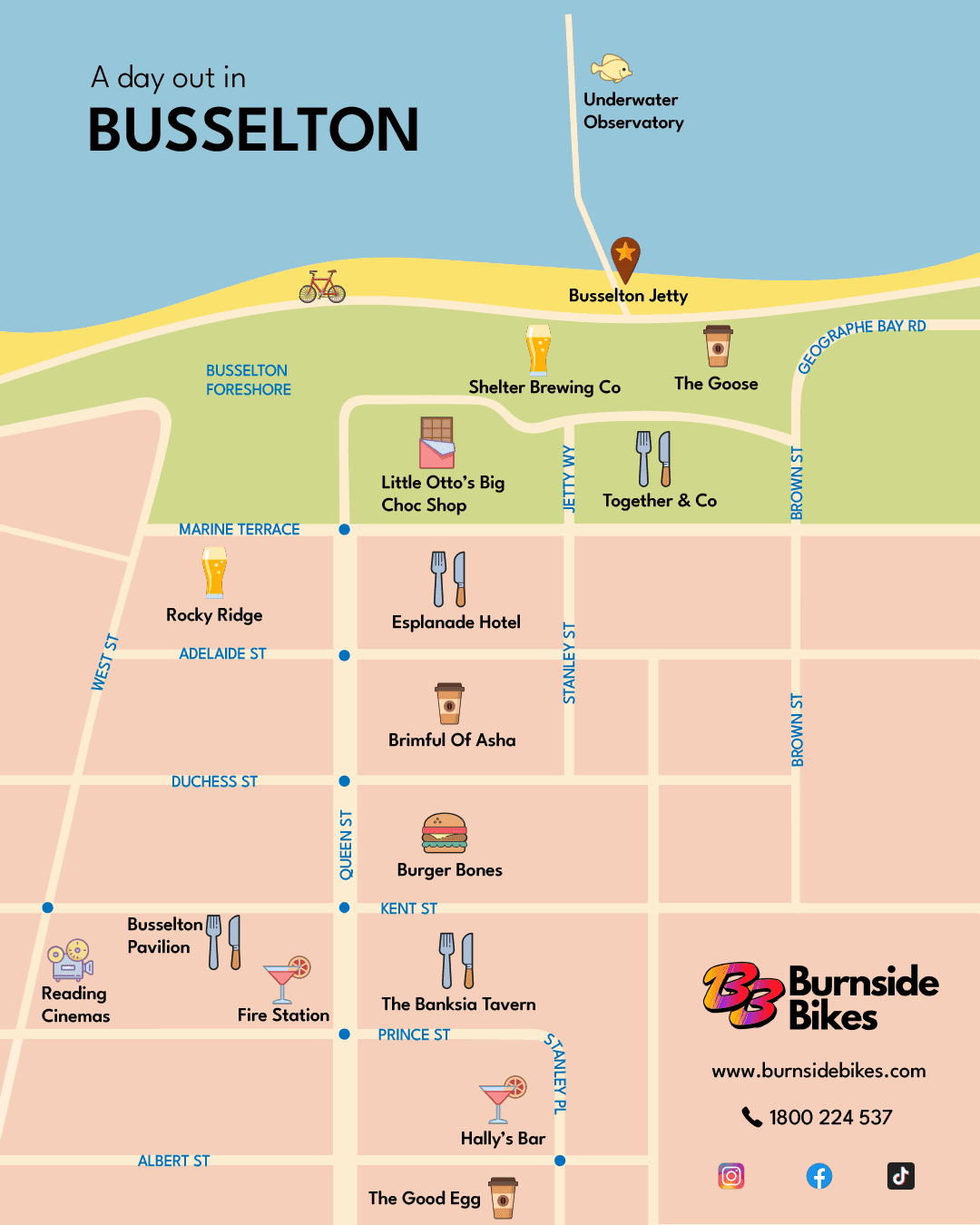 Busselton town map showing best places to visit by bike