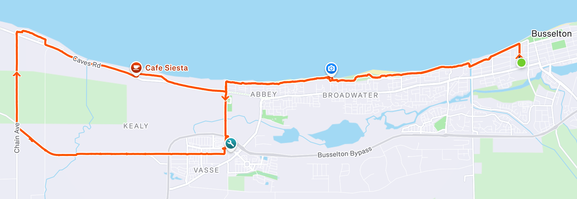 Strava route map showing the complete 37km Busselton Wadandi Loop
