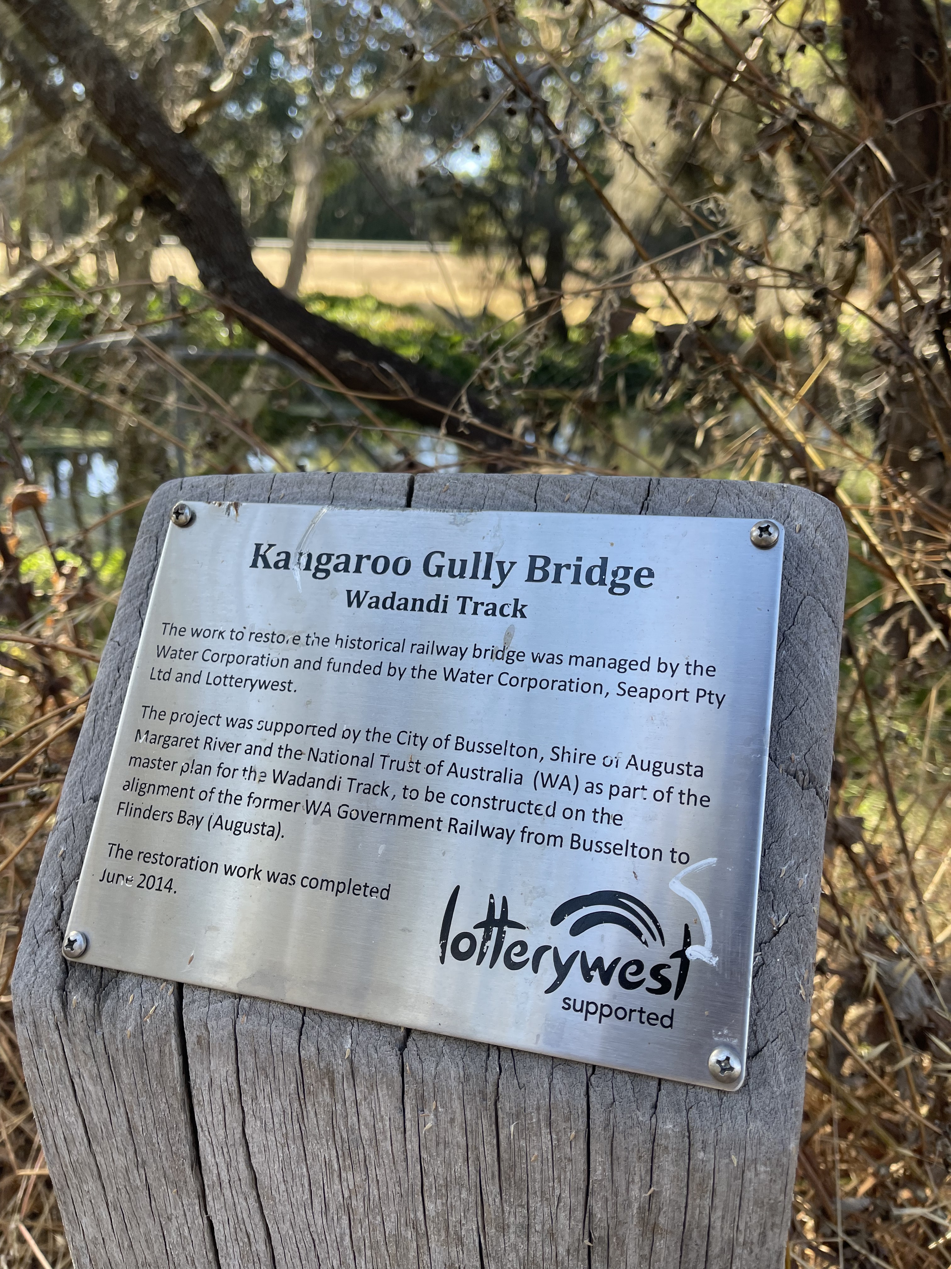 Kangaroo Gully Bridge sign on the Busselton Bike Loop